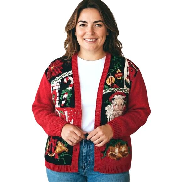 Vintage Heirloom Collectibles Christmas Cardigan Women's Sz L Santa Sweater Red - Picture 1 of 13